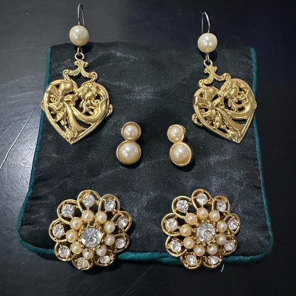 Jewelry - Faux pearl and rhinestone gold tone earrings -Set of 3